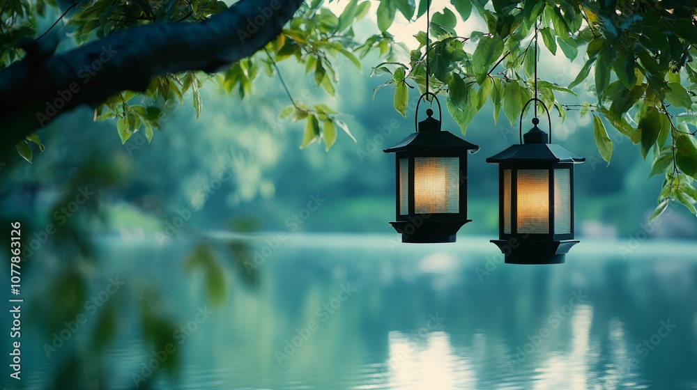 Aufkleber two glowing lanterns hang from a tree branch above a tranquil lake.