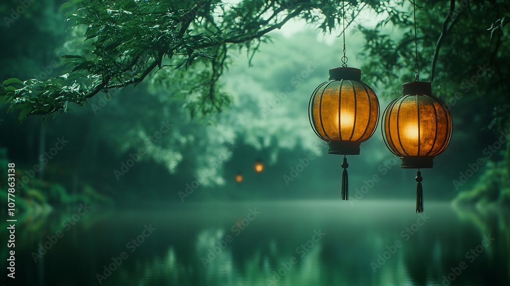 Poster two glowing lanterns hang from a tree branch over a tranquil lake in a misty green forest.