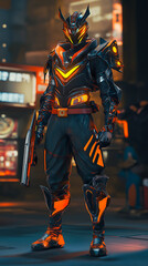 Cyberpunk A futuristic warrior with glowing orange accents Perfect for video game design or as inspiration for futuristic fashion
