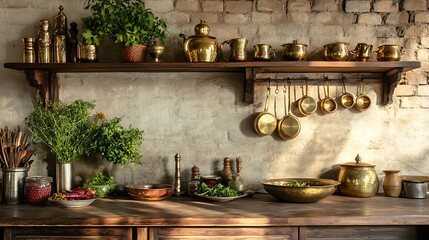 Indian kitchen decorated with rustic wooden shelves, brass cookware, and fresh herbs on the countertop, embodying the essence of home-cooked meals