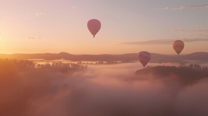 Fototapeta premium A calm sky at sunrise with vibrant hot air balloons soaring above a misty valley, the colors popping against the soft hues
