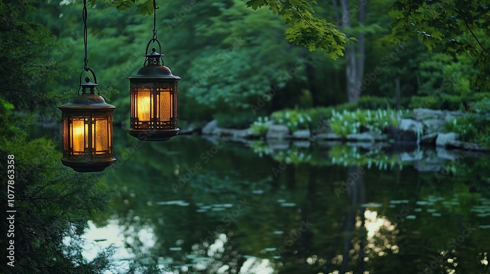 Poster two glowing lanterns hang from a tree branch over a tranquil pond at dusk.