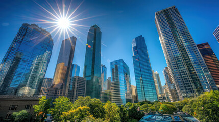 Obraz premium A clear blue sky above a busy cityscape, the modern skyscrapers reflecting the bright sunlight