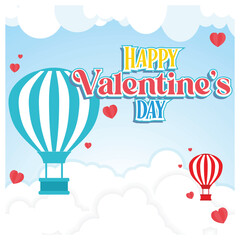 Valentine's Day greeting card with white clouds. Hot air balloon flying in the sky. Valentine's Day 2025 concept. Flat vector illustration.
