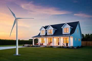 Home with Wind Turbines in the Yard for Efficient Renewable Energy Generation