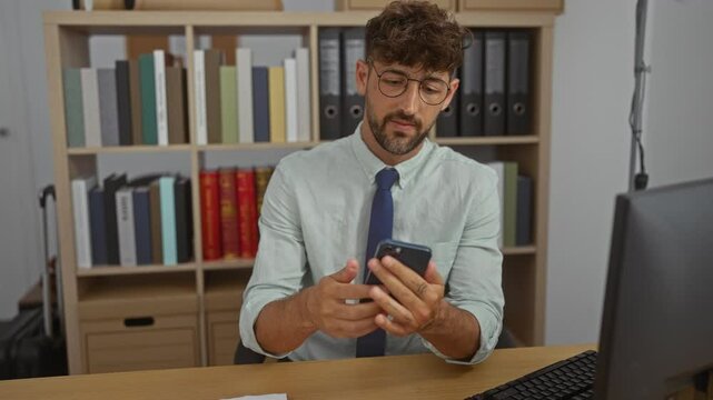 Young man in office making video call using smartphone surrounded by bookshelves and workspace