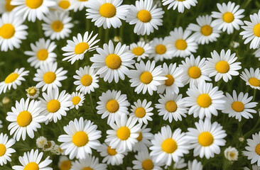 Chamomile daisy flowers field at sunny day close up with selective focus. Spring or summer nature background
