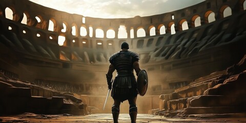 Ancient roman gladiator entering the colosseum before battle