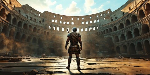 Ancient roman gladiator entering the colosseum before battle