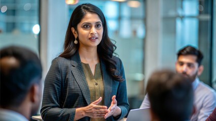 An Indian woman in a modern workspace, dressed casually and confidently leading a discussion, reflecting focus and leadership.