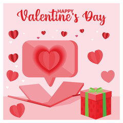 A message of love emerges from an open gift box. Gift box with a heart-shaped love symbol. Valentine's Day 2025 concept. Flat vector illustration.