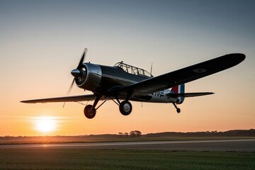 Naklejka premium A Vintage Aircraft Taking Off from a Small Airstrip at Sunrise, Capturing Nostalgic Flight and Scenic Views