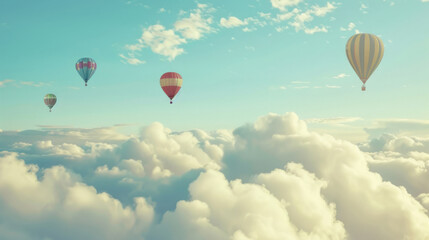 Obraz premium A cloudy sky with vibrant hot air balloons soaring through the air, creating a whimsical contrast against the soft clouds