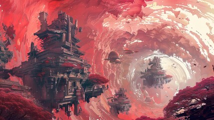 Floating City in a Red Sky: A Surreal and Dreamlike Digital Artwork