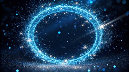 Obraz premium Blue Glitter Circle of Light with Sparkles and Bokeh Effect on Black Background for Christmas and Celebration Themes
