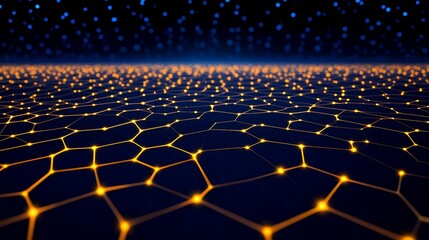 Obraz premium Abstract glowing hexagonal network pattern on dark background.