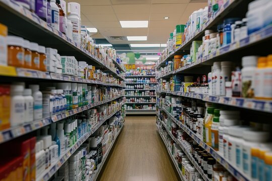 A brightly lit pharmacy aisle filled with various vitamins, supplements, and pain relief drugs. The clean and organized setting represents the ease of access to modern-day pharmaceuticals