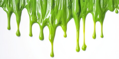 Green slime dripping from above on white background aerial view 