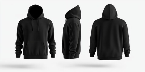 Black hoodie mockup isolated on a white background A 3D rendering of a hooded sweatshirt shown from front and back views Ideal for men's jacket design mockups 