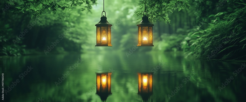 Poster two lanterns hang from branches over a tranquil lake in a lush green forest, their warm glow reflect