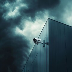 Security Camera on a Building with Stormy Clouds