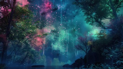 Against a backdrop of deep midnight blue ethereal hues of greens pinks and purples meld together in a dreamlike display creating a mystic Aurora Borealis that appears almost too beautiful