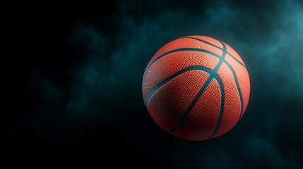 Fototapeta premium A basketball floating in a dark blue smoky background.