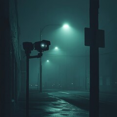 Foggy City Street with Security Camera and Streetlights
