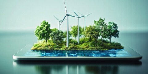 Miniature wind turbines on a digital tablet symbolize corporate responsibility and esg reporting.