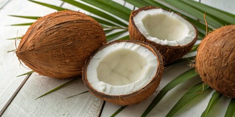 Whole and Halved Coconuts on a White Surface - Tropical Fruit, Healthy Lifestyle, Exotic Ingredients for Cooking, Vegan Recipes, Natural Decor, Culinary Inspiration
