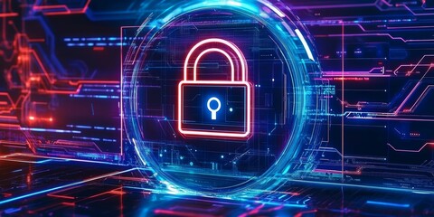 Endpoint Detection and Response (EDR) concept, featuring a padlock symbol within a high-tech, cybersecurity-inspired environment, suggesting data protection and network security. 