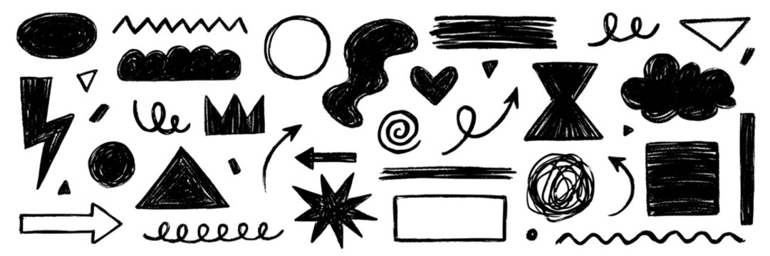 Pencil crayon brush line stroke. Brush crayon pencil chalk texture effect doodle shape. Vector hand drawn marker stroke background set of abstract design graphic figure. Vector illustration