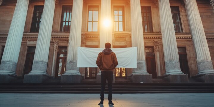 A protestor in front of a government building with an anti-corruption banner during International Anti-Corruption Day