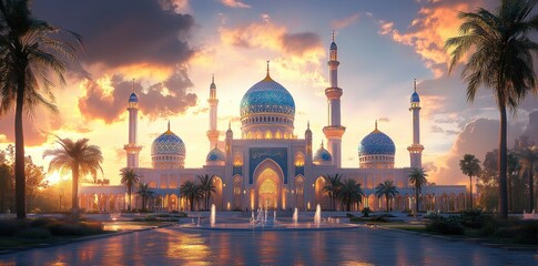Majestic Mosque with Blue Domes and Golden Sunset