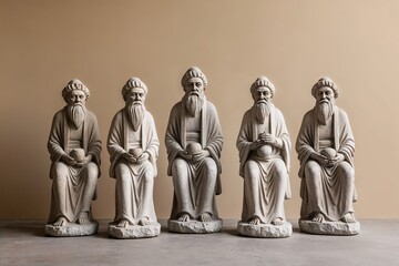 Stone Sculptures of Sages Celebrating Timeless Wisdom and Rustic Tradition on Neutral Background