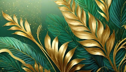 Golden leaves layered over green leaves, speckled gold dust. Suitable for autumnal designs, naturethemed projects, and elegant backgrounds.