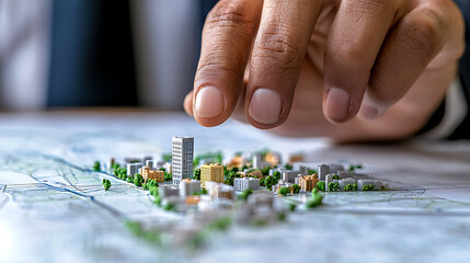 close up of hand placing miniature building on city model, showcasing urban planning and development. scene conveys precision and creativity in architecture
