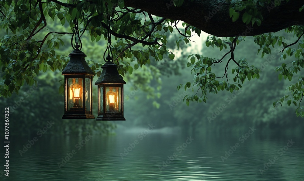 Poster Two lanterns hanging from a tree branch over a misty lake in a forest.