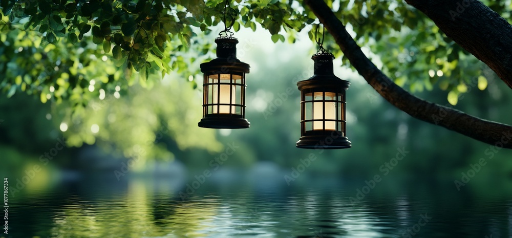 Aufkleber two lanterns hanging from a tree branch over a tranquil lake.