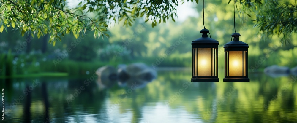 Poster Two lanterns hanging from a tree branch over a tranquil pond.