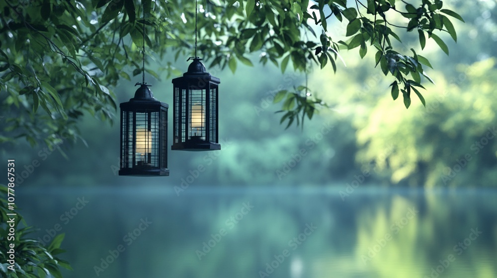 Leinwandbilder two lanterns hanging from a tree branch with a blurred pond in the background.