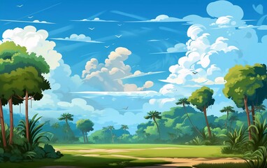 Fototapeta premium A serene landscape featuring lush greenery, vibrant trees, and a bright blue sky with clouds.