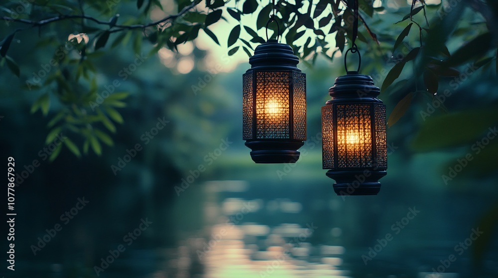 Poster two lit lanterns hanging from a tree branch over a still lake at dusk.