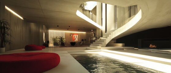 Modern home interior with indoor pool and fireplace.