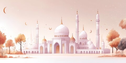 A Detailed Illustration of a Mosque with Golden Accents and a Pink Sky