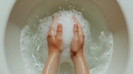 Fototapeta premium Soft, soapy hands gently scrubbing in bathtub filled with bubbles, creating serene and clean atmosphere