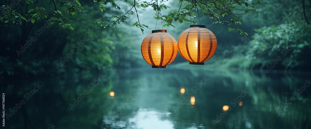 Aufkleber Two paper lanterns hanging from a tree branch over a calm river with other lanterns in the distance.