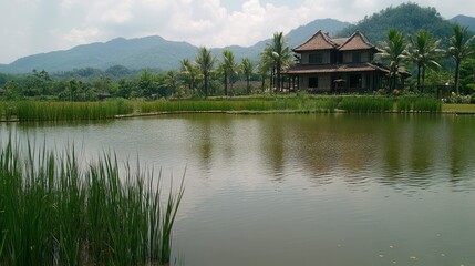 Fototapeta premium A serene landscape featuring a house by a pond surrounded by mountains and palm trees.