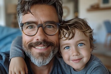 A father and son smile for a close-up portrait.