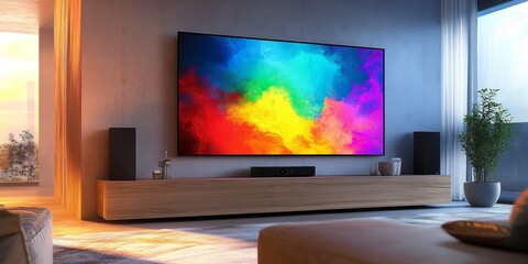 Modern room design with a large flat screen TV and a colorful image. Modern room. 
